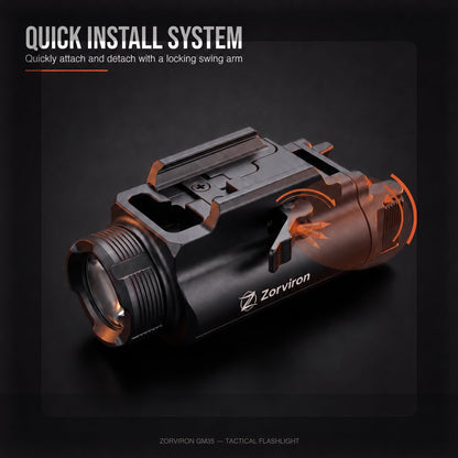 Zorviron GM35 Tactical Flashlight, USB-C Rechargeable,1350 Lumen Rail Mounted Light, FL1 198m Throw, Ambidextrous Dual Switch, Lockout Mode, Fits Glock 17/19/22/23 GL & 1913 Picatinny, IP65