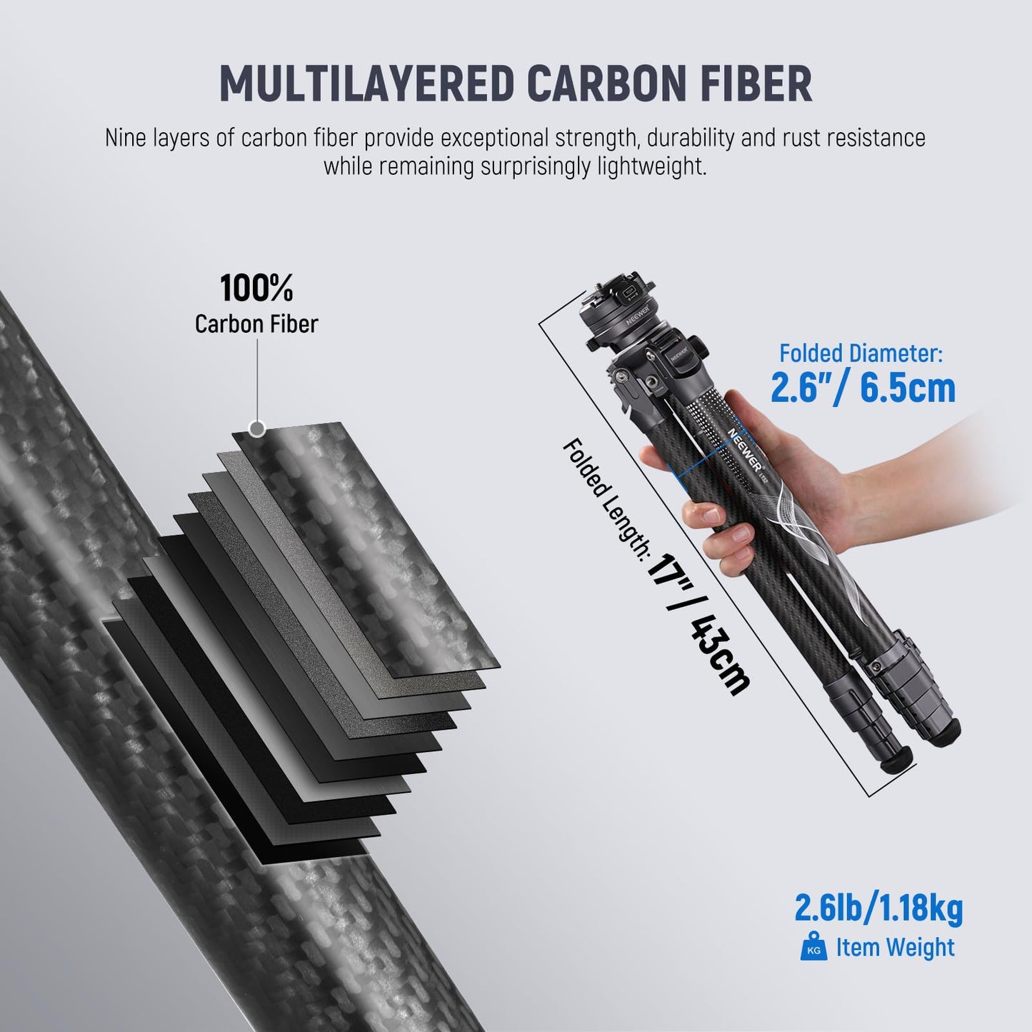 NEEWER LITETRIP LT32 Camera Travel Tripod, Carbon Fiber Portable Stand, Ball Head Detachable Center Axis Flip Buckle Cleaning Cloth Arca QR Plate Compatible with PD (Former TP62)