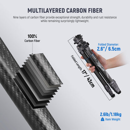 NEEWER LITETRIP LT32 Camera Travel Tripod, Carbon Fiber Portable Stand, Ball Head Detachable Center Axis Flip Buckle Cleaning Cloth Arca QR Plate Compatible with PD (Former TP62)