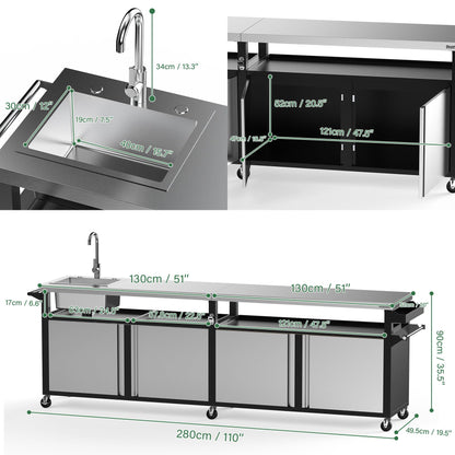 Stanbroil Rolling Outdoor Kitchen Island with Stainless Steel Table Top & Storage Cabinets, Sink&Faucet Included, Extra Large