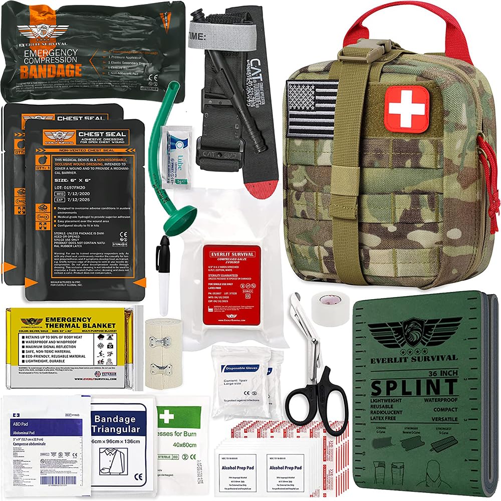 EVERLIT Advanced Emergency Trauma Kit, CAT GEN-7 Tourniquet Mil-Spec Nylon Laser Cut Pouch with 36" Splint, Military Combat Tactical IFAK for First Aid Response Bleeding Control (Multicam)