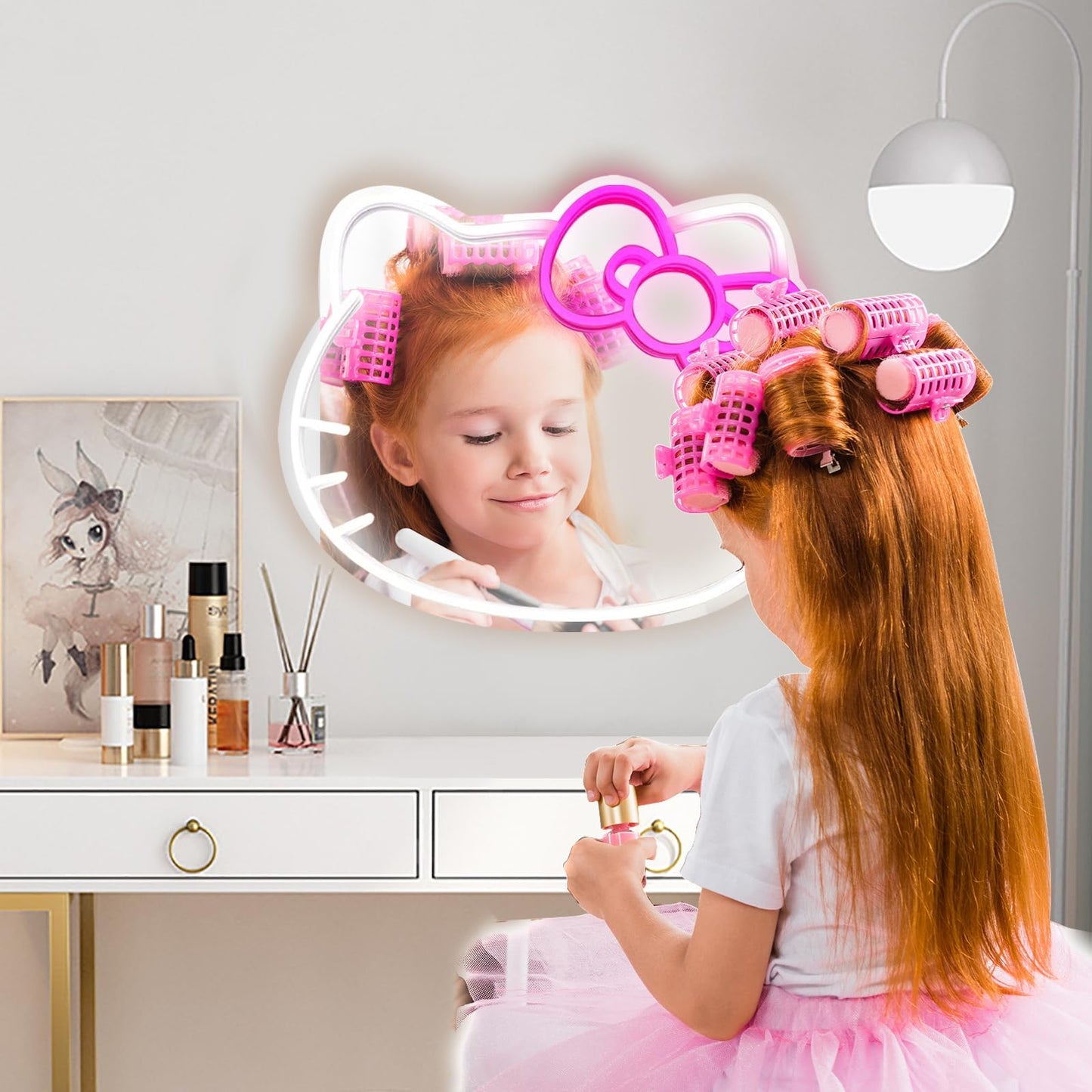 Anime Hello Kit Mirror with Light Neon Signs for Wall Decor, Dimmable for Teen Girl Gift，Makeup Mirror neon Sign Room Decor (16.1 * 14 inch)