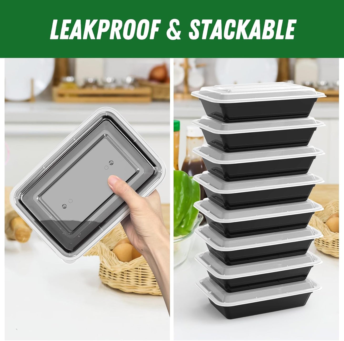 Regine Switzerland 32 oz Meal Prep Containers - 50 Pack, Reusable, Leakproof, Microwave & Dishwasher Safe, Black