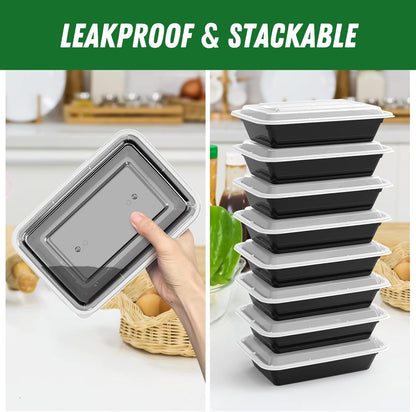 Regine Switzerland 32 oz Meal Prep Containers - 50 Pack, Reusable, Leakproof, Microwave & Dishwasher Safe, Black