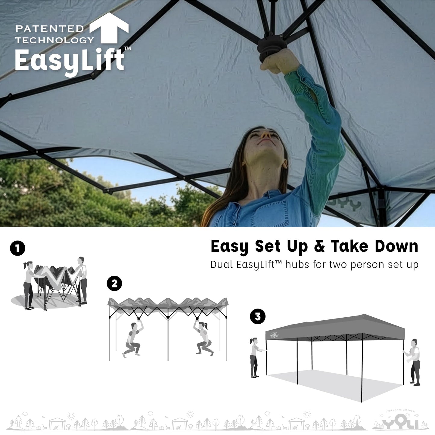 YOLI Fortitude EasyLift 200 Instant Pop-Up Canopy, 10x20 Heavy Duty Pavilion with EasyLift Tech & Heat Reflective Top – Gray