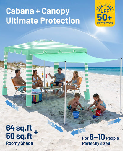 Rhino Valley Beach Cabana, 120 Sq. Ft Beach Canopy UPF50+ Protection, Easy Setup & Adjustable Height Beach Tent Sun Shelter with Cup Holder, Portable for 4-8 People, Light Green & White Stripes