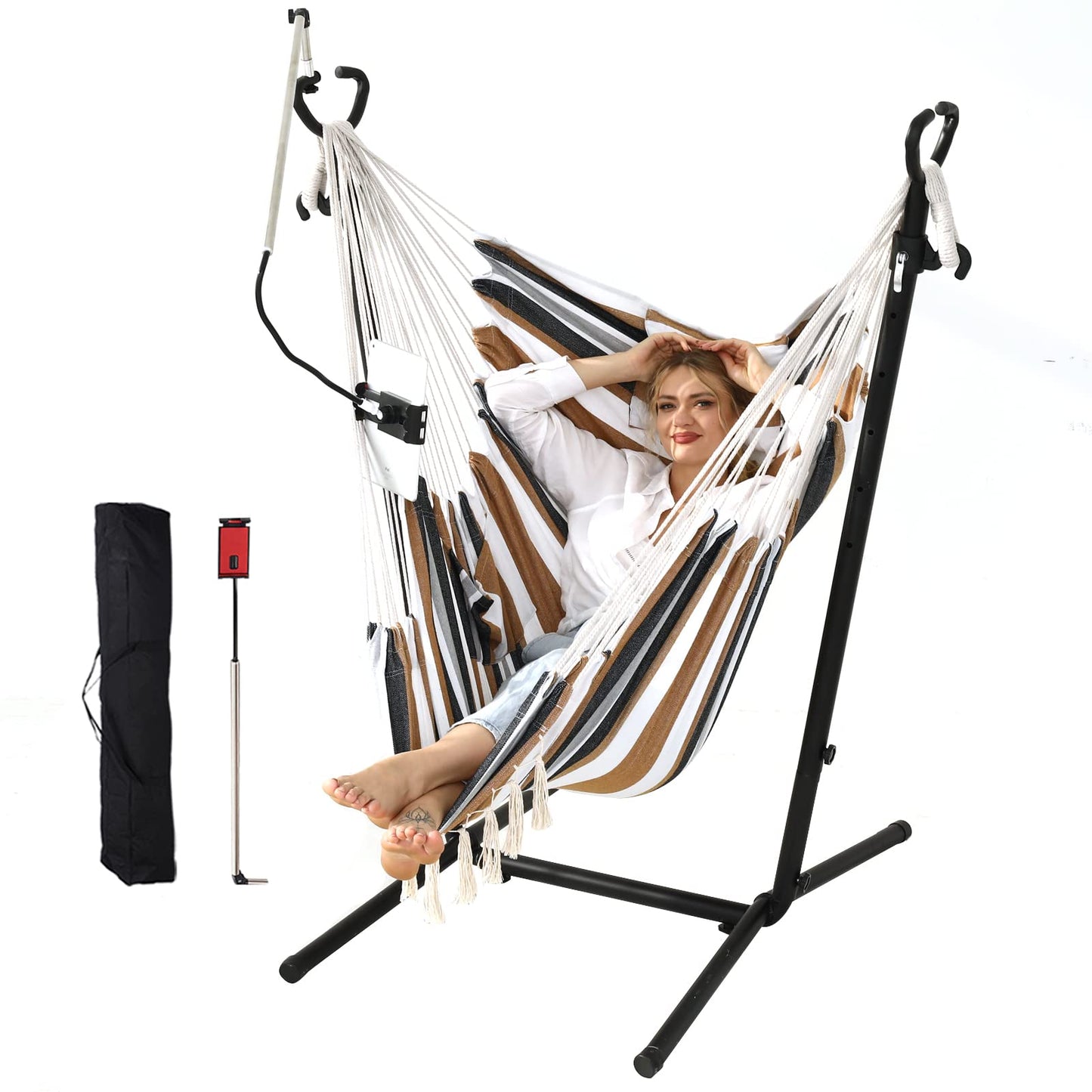 ZEYU Hammock Chair with Stand Double Hammock Chair Bohemian Style with Tassel Mobile Phone Support Manual Adjustable Swing Indoor and Outdoor Garden Porch with Floor mat Reclining Capacity 400 pounds