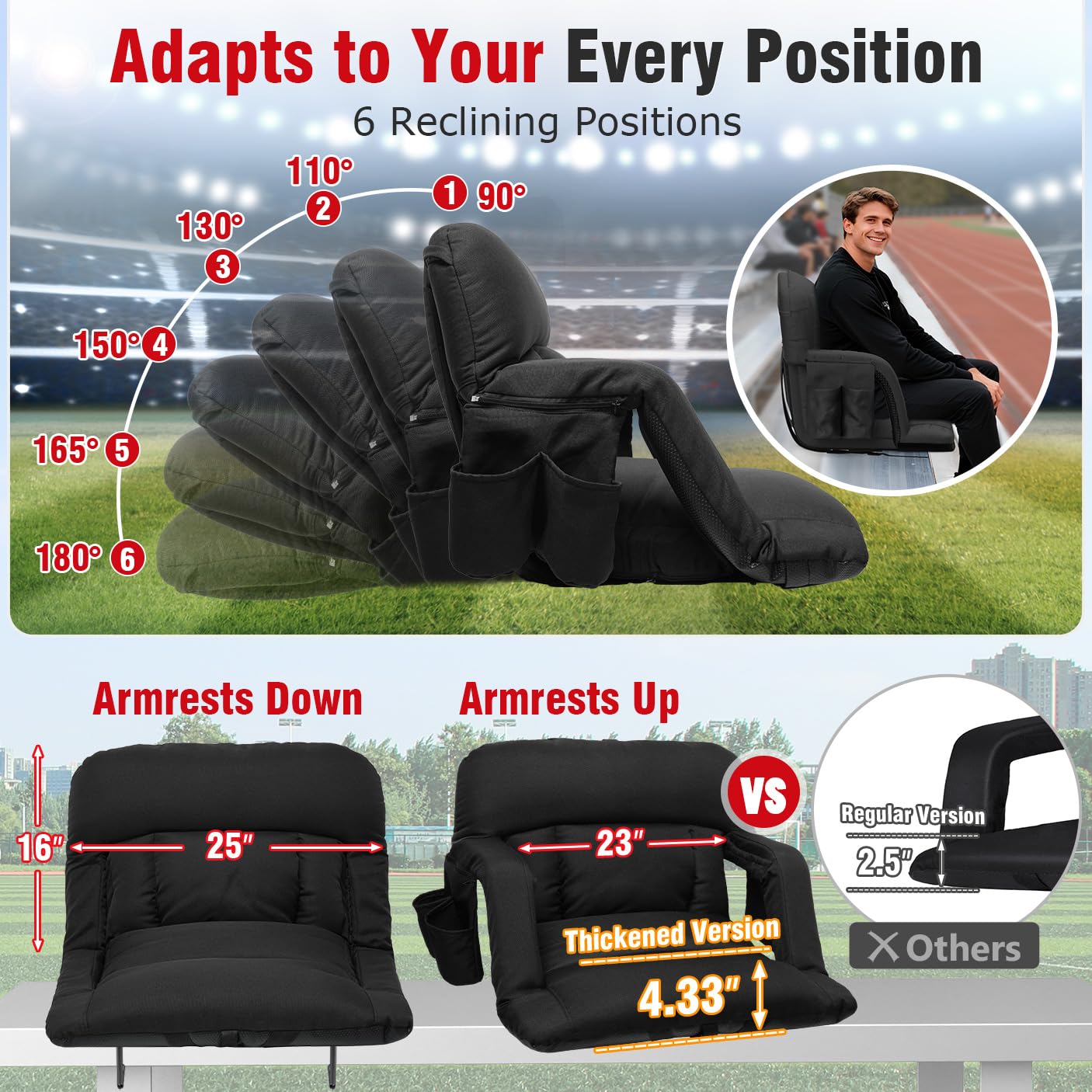 Suteck Wide Stadium Seats with Back Support 2 Pack, Portable Sofa Style Bleacher Chair with Back and Cushion, Armrest, 6 Reclining Positions Backpack Stadium Chair for Sports Events 23-Inch Wide