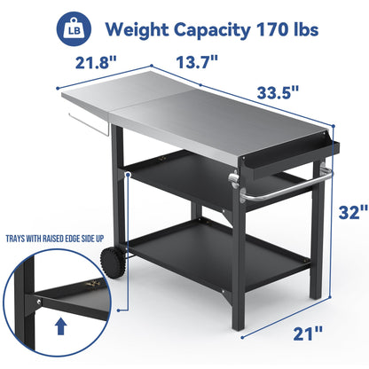 Skyflame Heavy Duty Pizza Oven Table & BBQ Prep Cart, Stainless Steel Rolling Grill Cart with Lockable Wheels, 3 Shelf Outdoor Workstation for Griddle/Patio – 170 lbs, No Wobble