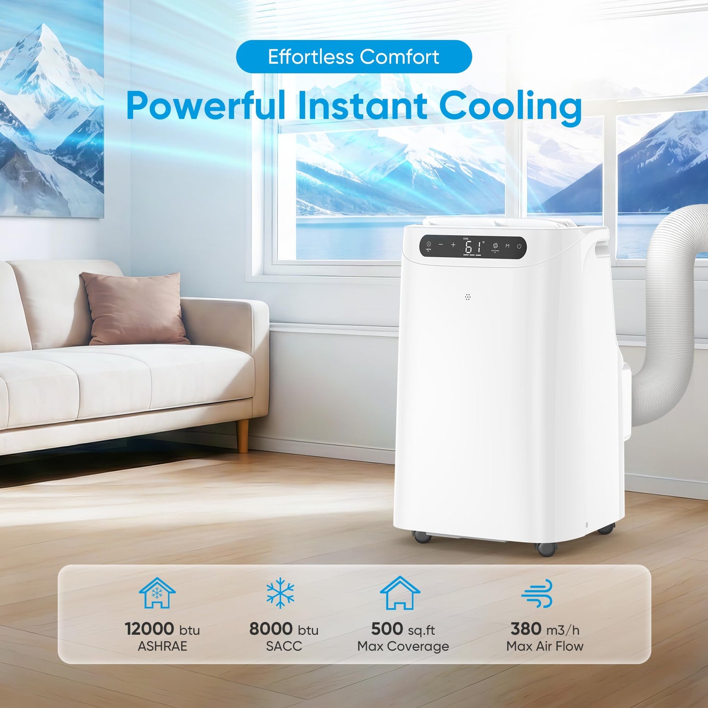 12000 BTU Portable Air Conditioners for Room Cooling up to 500 Sq. Ft, 3-IN-1 Quiet Portable AC Unit with Dehumidifier Fan, Remote Control, Smart Sleep Mode, 24H Timer, Windows Kit Included