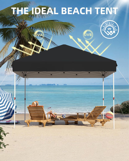 GarveeLife 10x10 Pop Up Canopy with One Button Push Setup - Heavy Duty Outdoor Canopy Tent with Portable Roller Bag - 3 Adjustable Height, 4 Weight Bags, 8 Stakes & 4 Guy Ropes Included, Black