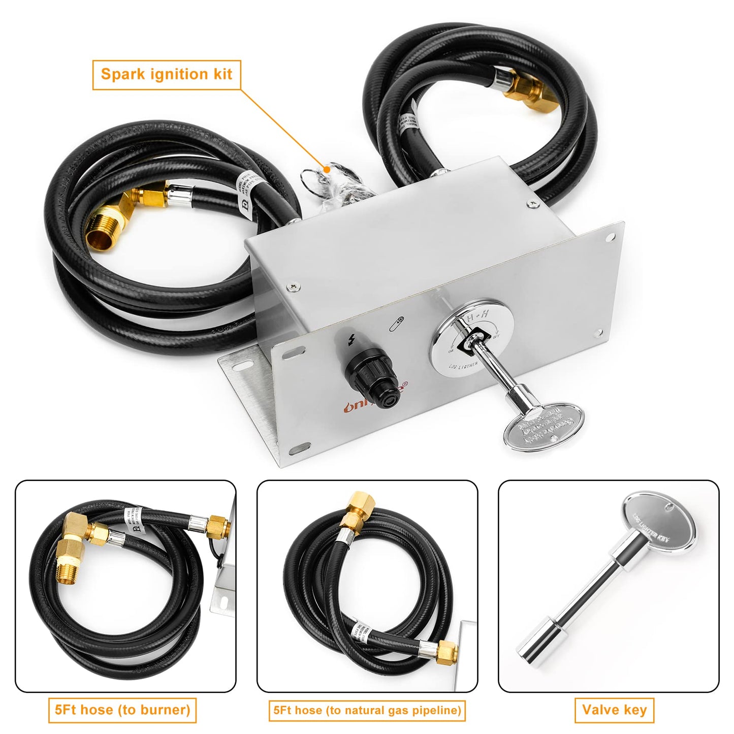 onlyfire All-in-One Natural Gas Fire Pit Ignition System Kit (Includes Electronic Igniter, Key Valve, PVC Hose, Fittings)