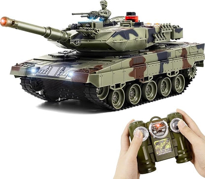 1/24 Remote Control Tank 2.4GHz German Leopard II RC Tank &amp Recoil Force &amp 330°Turret Rotation. Army Toys Infrared Battle Toys with Smoke and Sound Effect Gift for Boys