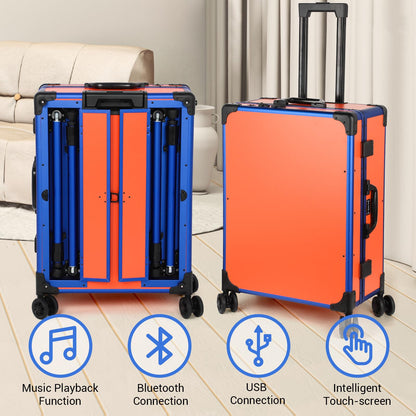 Aiborke Rolling Makeup Train Case with Lighted Mirror and Bluetooth Speaker Professional Cosmetic Organizer Case with Wheels, Stands Portable Makup Station Vanity for Travel (Orange, Large)