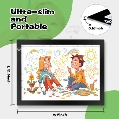 KIVOTAC 9x12 Inch LED Light Pad, Ultra-Thin USB Powered Bright Light up Box Adjustable Light Table for Drawing, Weeding Vinyl, Diamond Art, Sketching, Tracing and Animation