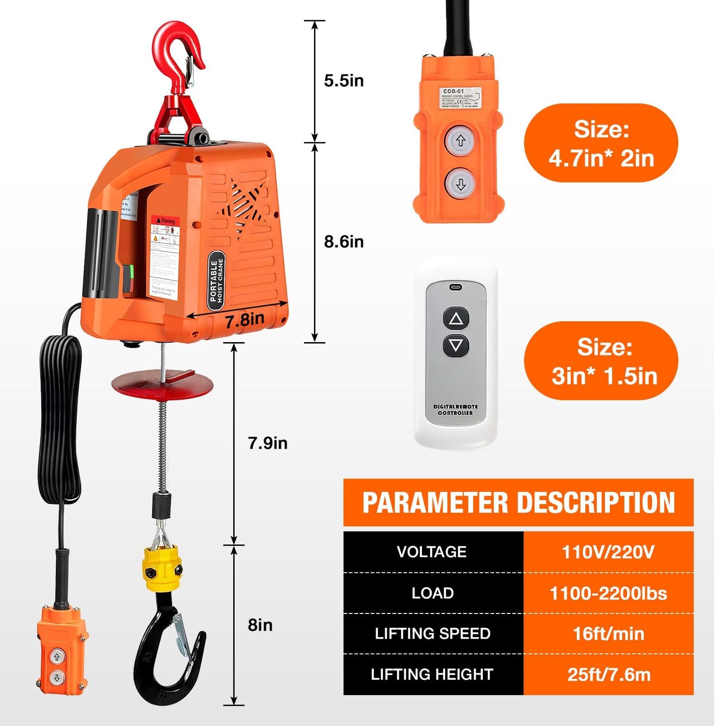 SpprVine 3 in 1 Electric Hoist Winch,2200 lbs Manual/Wired/Wireless Remote Control,110/120V Portable Pure Copp Electric Winch Crane, 25ft Lifting Garage Lifter for Garage, Factory, Warehouse, Balcony