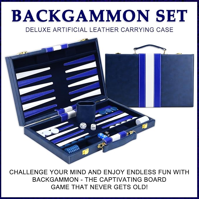 Large Backgammon Sets for Adults - Classic Board Games for 2 Players Adults and Kids - Premium Backgammon Set 15 inch Board and 30 Backgammon Pieces in Quality PU Leather Case - Gift for Man (Blue)