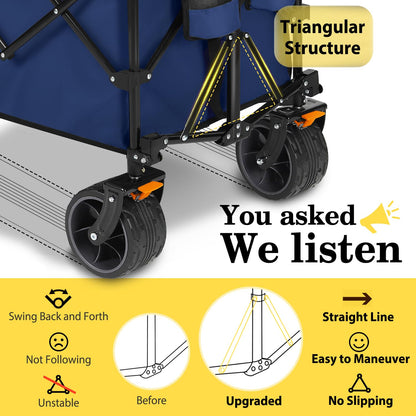 Sekey Extended Collapsible Foldable Wagon with 660lbs Weight Capacity, Heavy Duty Folding Utility Garden Cart with Big All-Terrain Beach Wheels & Drink Holders. Navy Blue