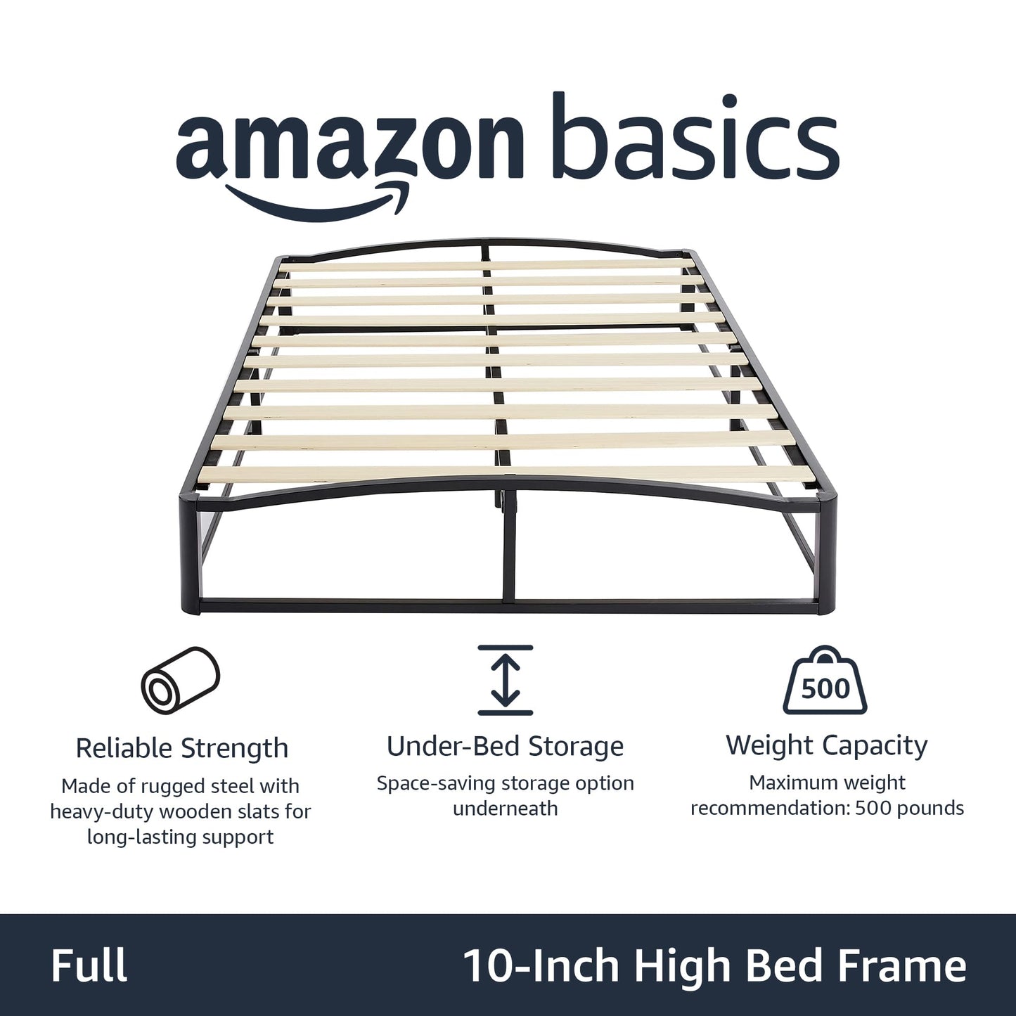 Amazon Basics Metal Platform Bed Frame with Wooden Slats, Sturdy Mattress Support, 10 Inches High, Under-Bed Storage, Full, Black