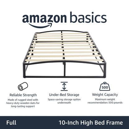 Amazon Basics Metal Platform Bed Frame with Wooden Slats, Sturdy Mattress Support, 10 Inches High, Under-Bed Storage, Full, Black
