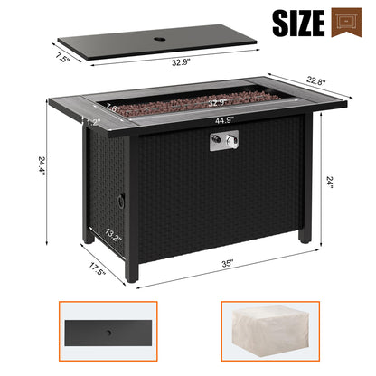 45 inch Propane Fire Pit Table, 50,000 BTU Outdoor Gas Fire Pit Table with Lid, Waterproof Cover, Rectangle Gas Firepit Table for Garden/Patio