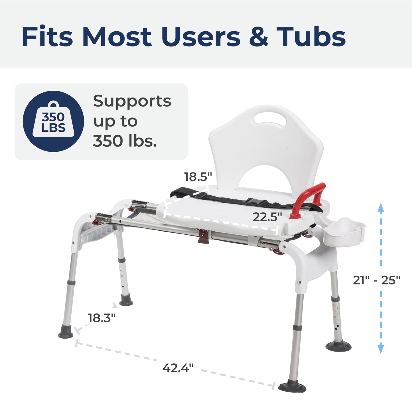 Drive Medical RTL12075 Adjustable Height Sliding Bathtub Transfer Bench Shower Chair with Armrests and Seatbelt, 300 Pound Weight Capacity, White