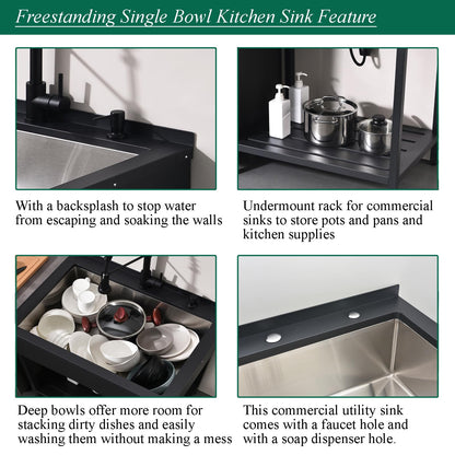 Bokaiya Black Stainless Steel Utility Sink Free Standing, Large Freestanding Laundry Sink with Faucet 16 Gauge Single Bowl Outdoor Commercial Sinks for Restaurant Garage (30.7" x 21.6" x 35")