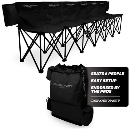 PowerNet 6 Seater Team Bench Folding Chair, Portable Chair for Soccer Basketball Football Teams, Foldable Bench with Backpack Style Carry Bag (Black)
