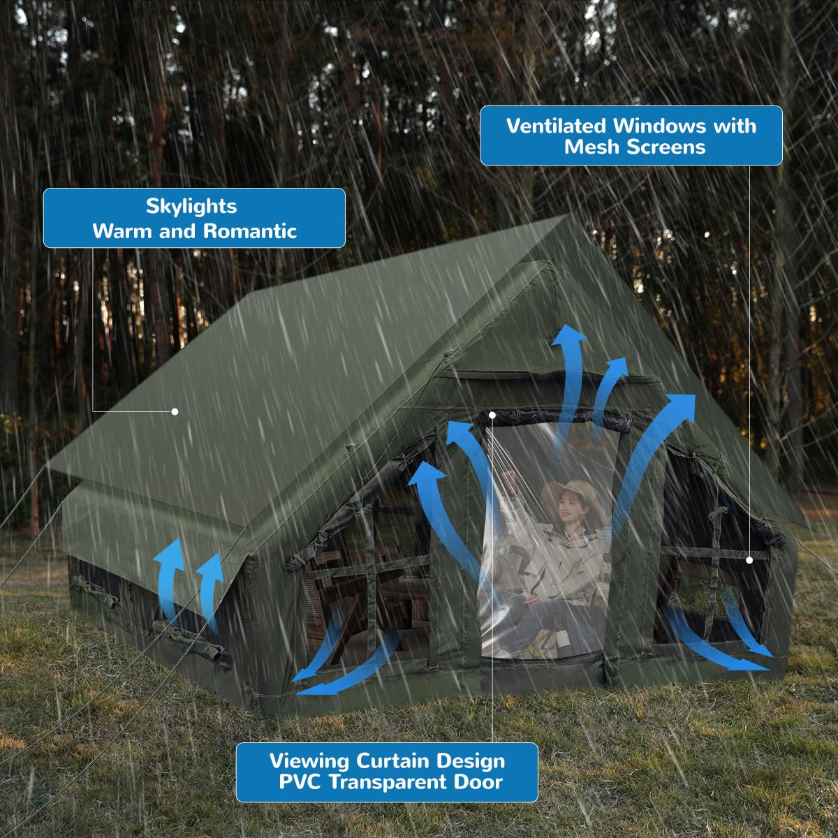 KIKILIVE Inflatable Camping Tent with Pump, 4 Season Inflatable Tents for Camping, Inflatable House Tent Waterproof Easy Setup Glamping Tent
