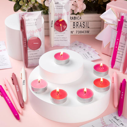 Spakon 60 Sets Baby Shower Favors for Guests Include Unscented Tealight Candles Multicolor Ballpoint Pen Thank You Card Opp Bags Gender Reveal Gifts for Baby Shower Game Prizes (Pink,Girl)
