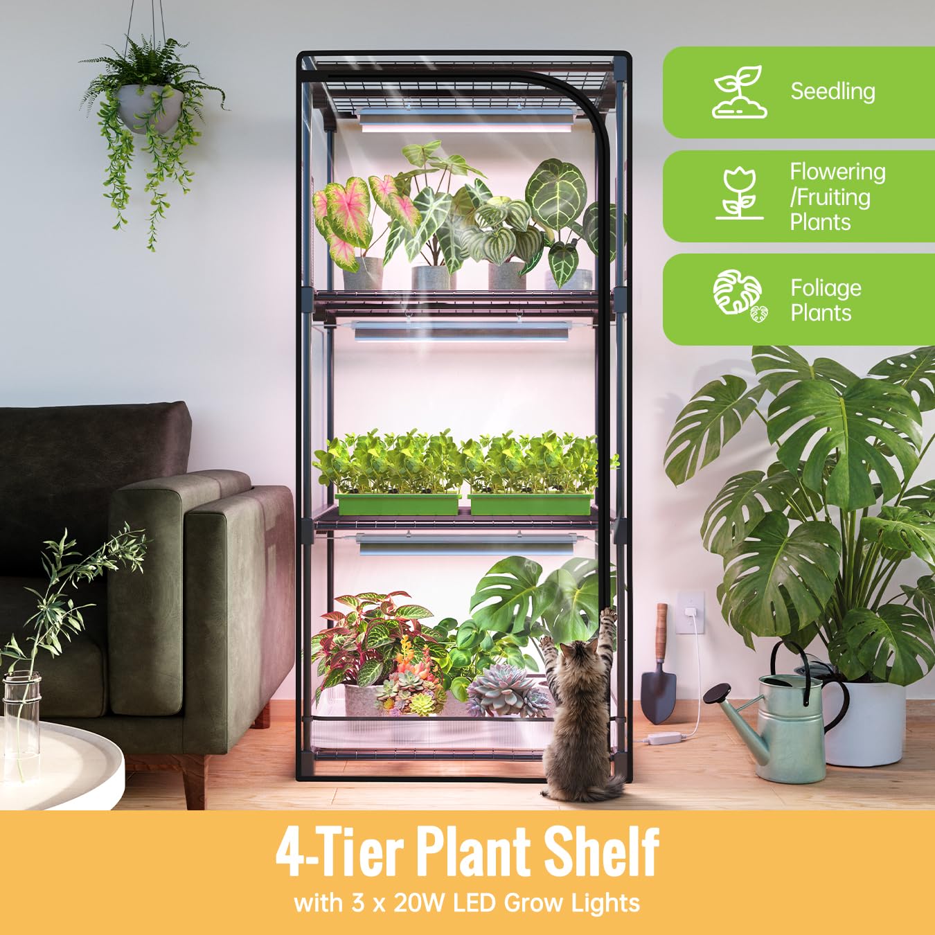SpeePlant Indoor Greenhouse with Grow Light, 4-Tier Plant Stand with Zippered PVC Tent, Ventilation Window, Bottom Pouch, 20W Full Spectrum Plant Light with Timer for Seed Starting, 27"L x 19"W x 59"H