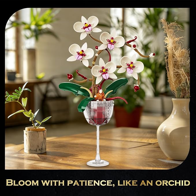 White Orchid Flower Building Set with Long Stem Wine Glass for Adults Compatible with Lego Botanical Flowers 512pcs Ideas Collection Toys for Home and Office Decor Gifts for Christmas Mother's Day