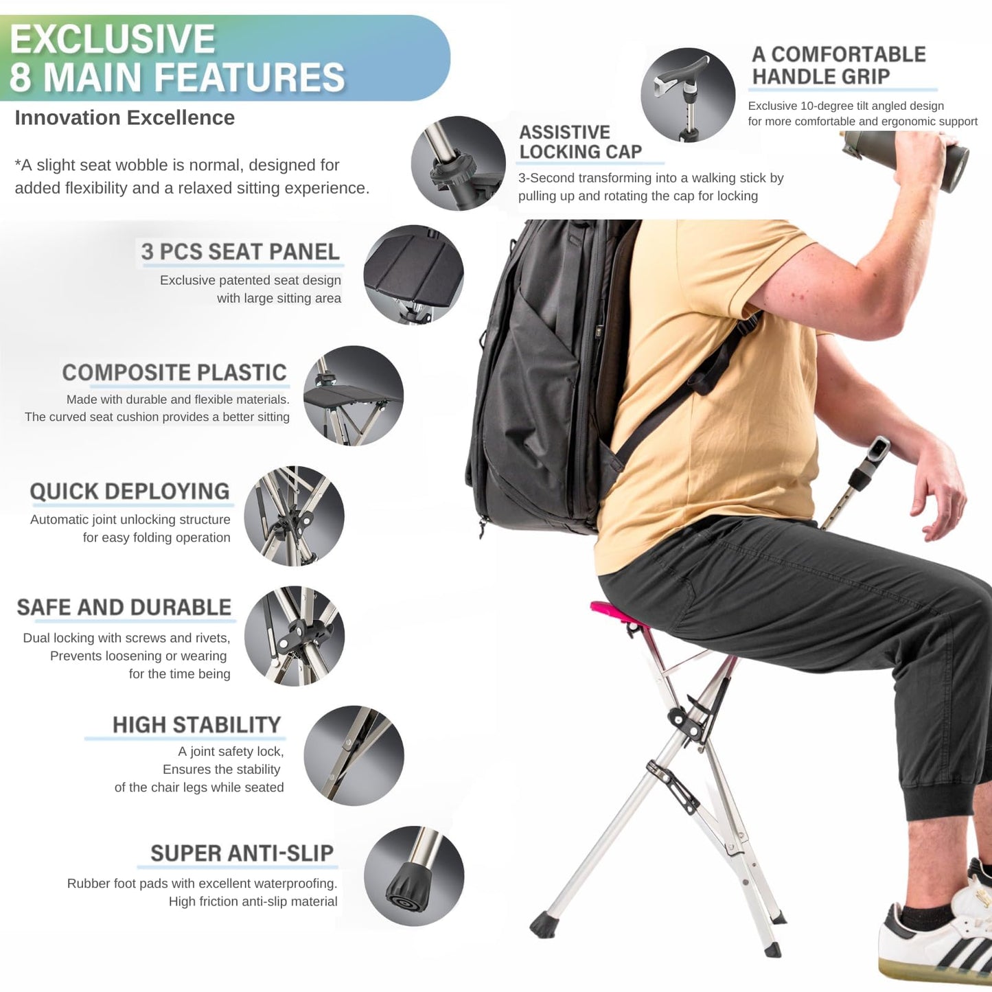 Ta-Da Chair Series 1 Pro, Portable Trekking Hiking Pole, Folding Walking Stick with Seat, Walking Cane with Chair, Foldable Chair, Lightweight Aluminum, Easy Carry and Storage, Anti-Slip, Black