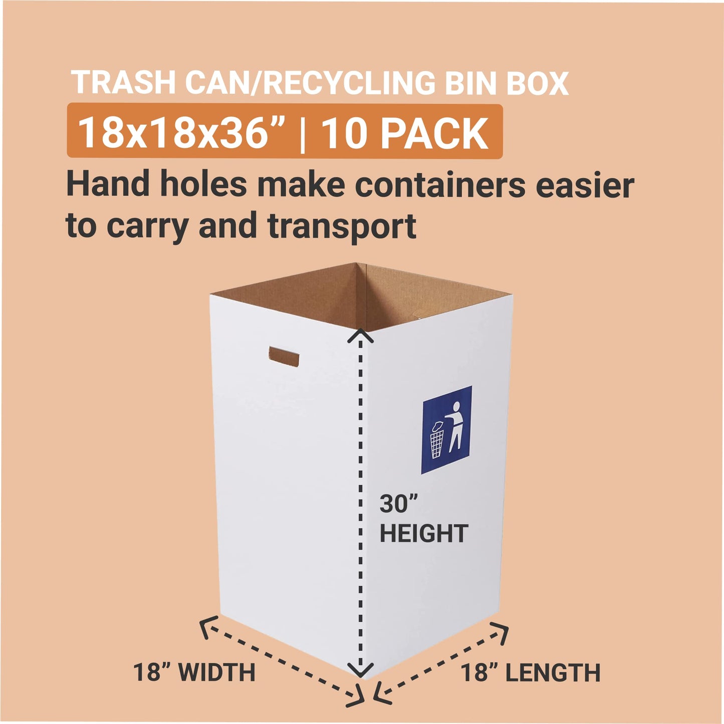Box USA 40 Gallon 18" L x 18" W x 30" H 10-Pack Cardboard Trash Cans and Recycling Bins, Reusable or Disposable Pop Up Garbage Boxes for Parties, Outdoor Events, Heavy Duty, Waste