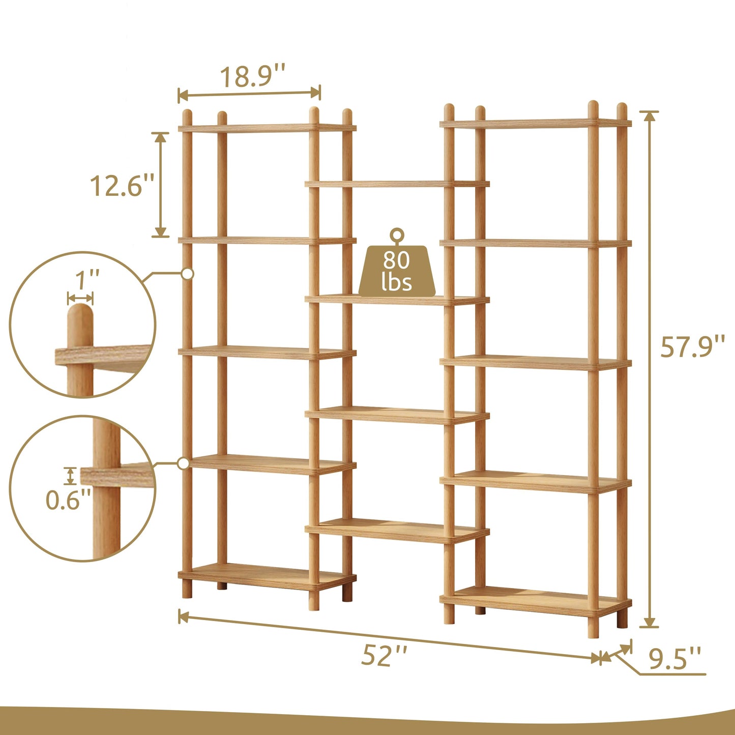 IOTXY Wooden Triple Wide Bookshelf - 5-Tier Large Shelf Bookcase with Solid Beech Frame, Tall Freestanding Open Etagere Display Rack for Home Office, Oak