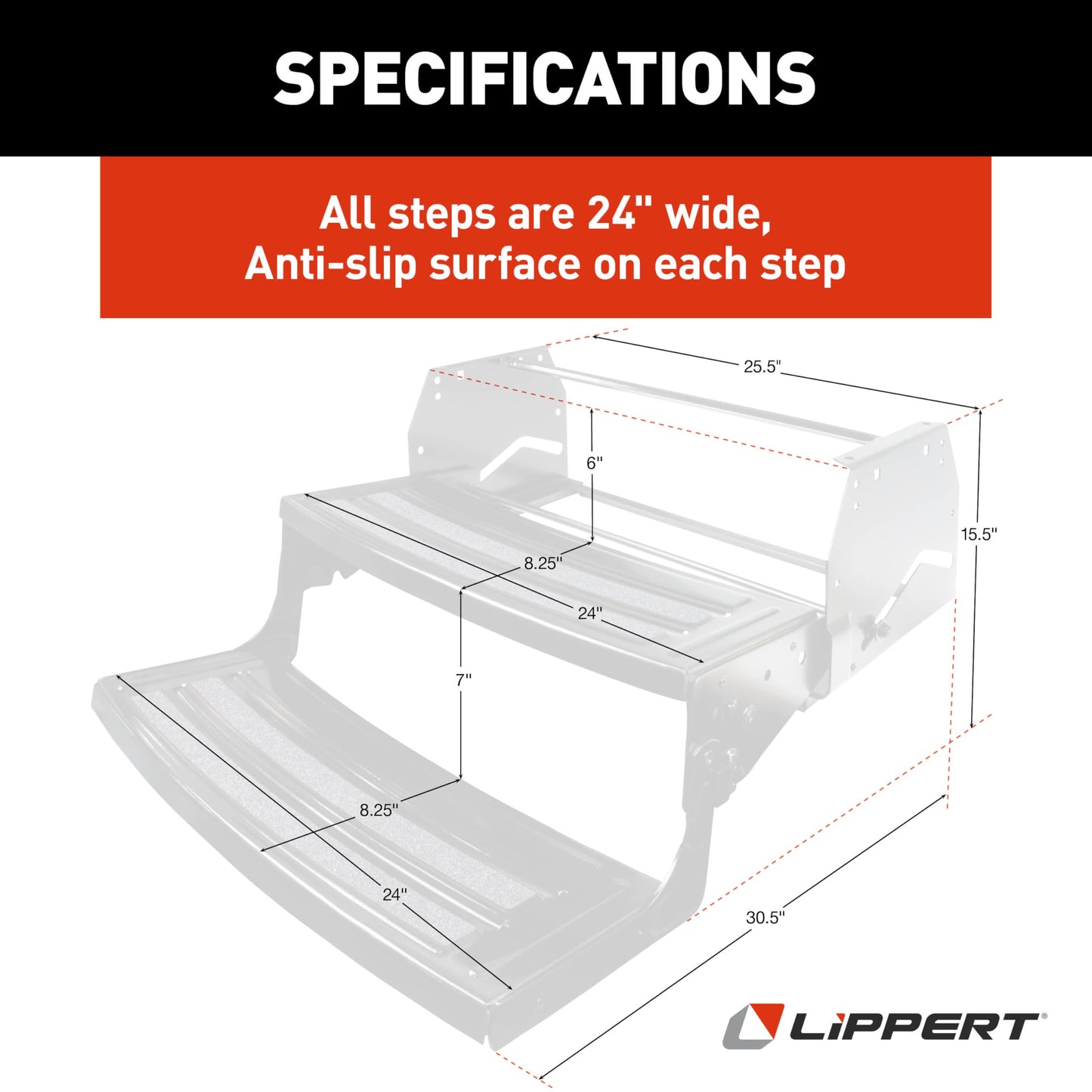 Lippert Radius 24" Double Manual RV Step Assembly, 8" Rise, 300 lbs. Anti-Slip Steps, Compact One-Hand Expand or Collapse, Black Powder Coat, Travel Trailers, 5th Wheels, Campers - 432682