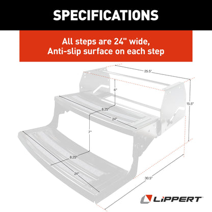 Lippert Radius 24" Double Manual RV Step Assembly, 8" Rise, 300 lbs. Anti-Slip Steps, Compact One-Hand Expand or Collapse, Black Powder Coat, Travel Trailers, 5th Wheels, Campers - 432682