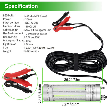 300W 36000lm Underwater Fishing Light, IP68 Waterproof Aluminum Super Bright Night Fish Attracting Submersible LED Lamp Lure Bait Finder for Freshwater Saltwater Sea Kayak Ice Dock (Green)
