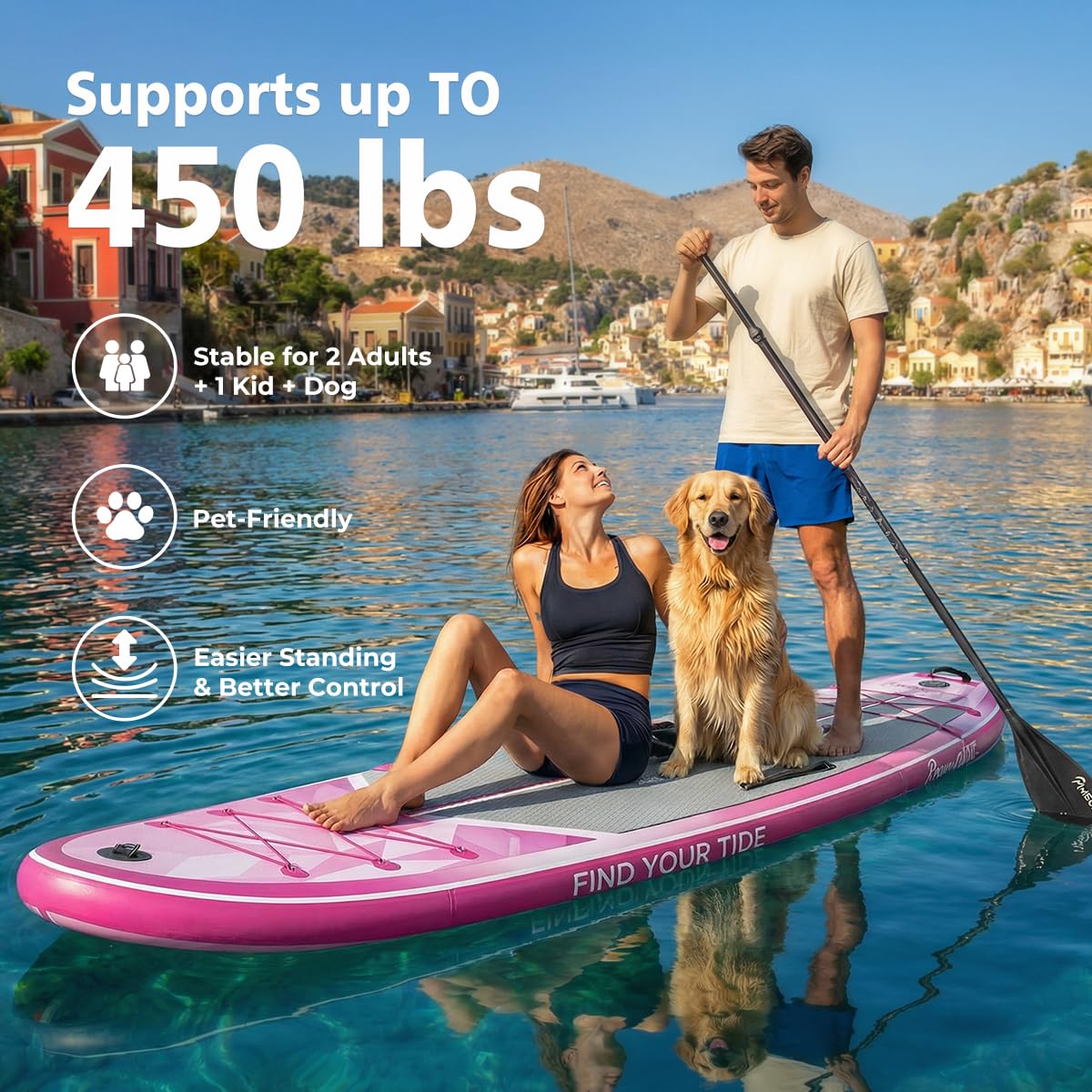 PRAISUN 12’ x 35” Inflatable Paddle Board, 450lbs Extra Wide Stand Up Paddleboard for Youth/Adults of All Skill Levels, Stable SUP with Seat & Full Kit, for Fishing, Yoga, Lake & Ocean, Pink
