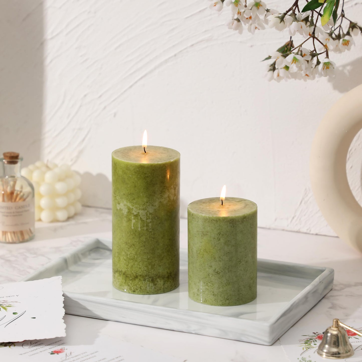 3x4 inch Green Pillar Candles Set of 3, Unscented Pillar Candle, Dripless and Smokeless Large Candles, Candle for Home Decor, Dinner Table,Weddings, Holidays