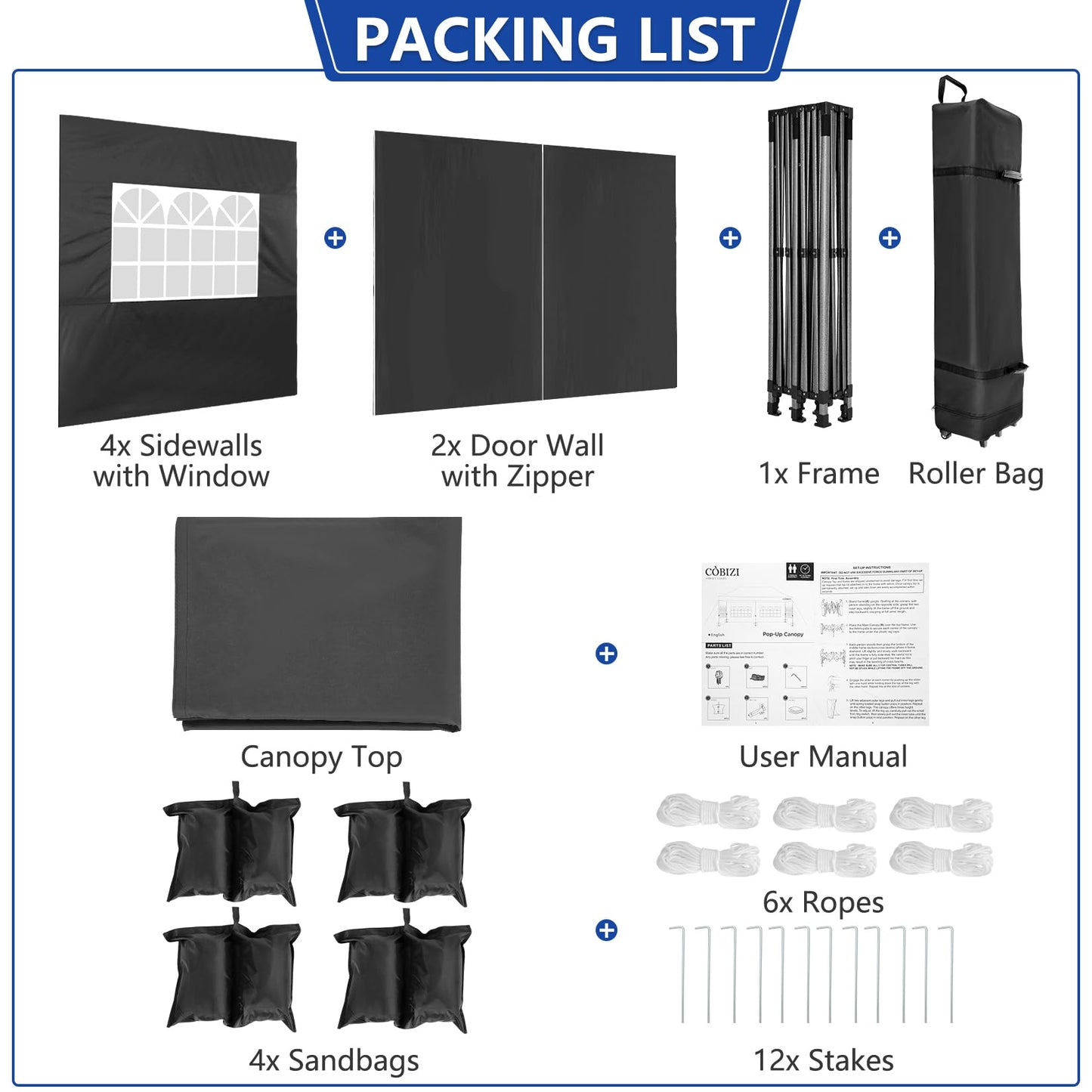 COBIZI 10x20 Heavy Duty Pop Up Canopy Tent with 6 Sidewalls Thicken Frame, Commercial Easy Up Outdoor Wedding Party Tents, All Season Waterproof Windproof with Stakes Sandbags Ropes Roller Bag, Black
