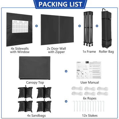 COBIZI 10x20 Heavy Duty Pop Up Canopy Tent with 6 Sidewalls Thicken Frame, Commercial Easy Up Outdoor Wedding Party Tents, All Season Waterproof Windproof with Stakes Sandbags Ropes Roller Bag, Black