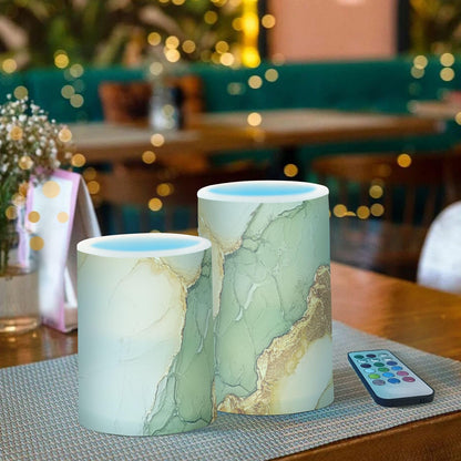 famyily Marble Sage Green Yellow Flameless Candles Led Pillar Candles with Remote Control for Living Room 4" 5" Set of 2