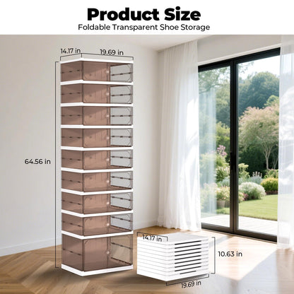 FAHKNS 9 Tier 18 Pairs Foldable Shoe Rack with Wheels, Portable Plastic Shoe Storage Cabinet with Clear Magnetic Doors Space Saving No Assembly for Entryway, Living Room, Closet