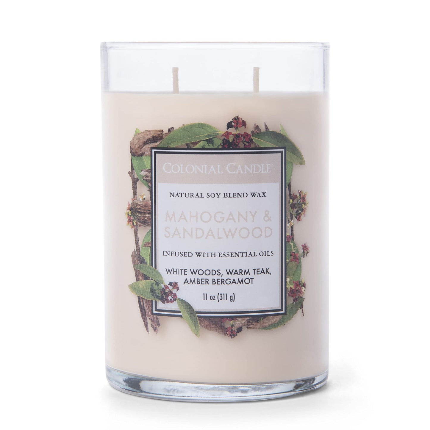 Colonial Candle Mahogany & Sandalwood Scented Jar Candle, Classic Cylinders Collection, 2 Wick, Brown, 11 oz - Up to 80 Hours Burn