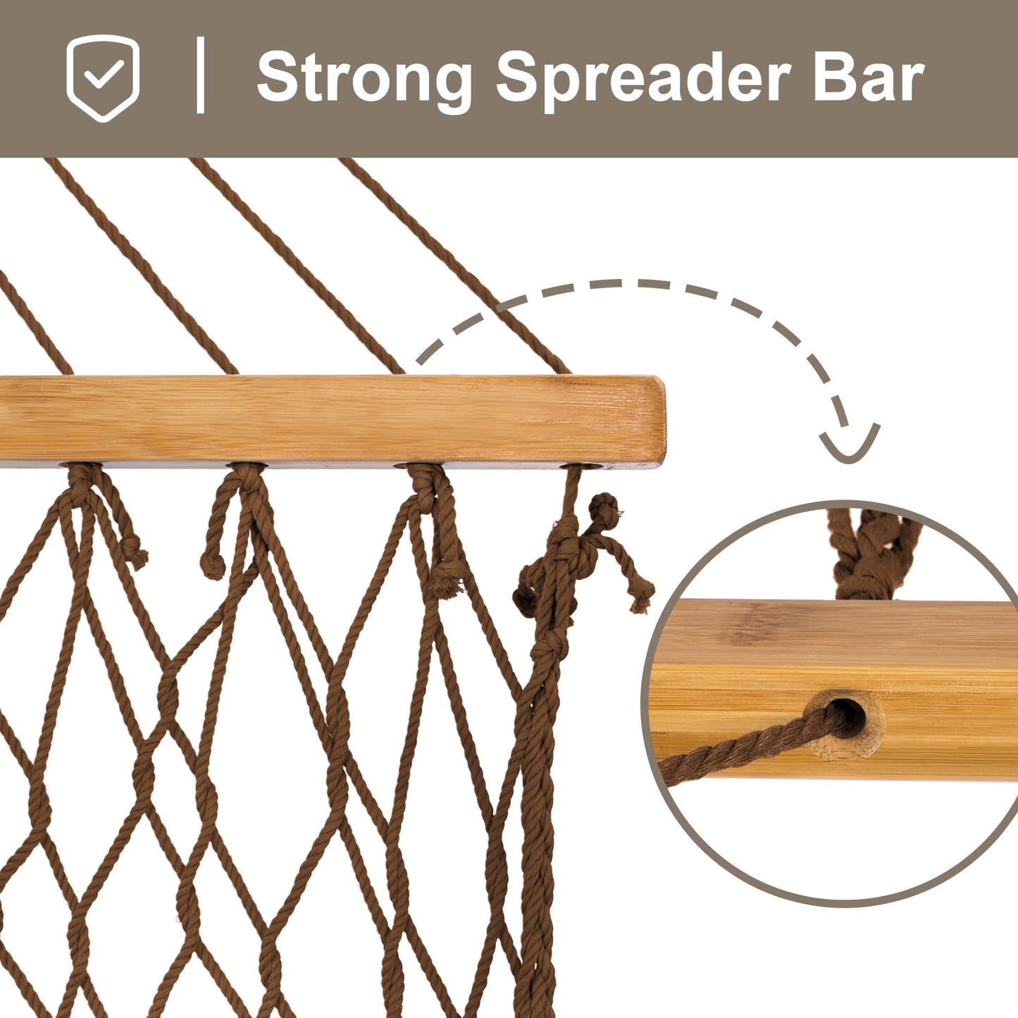 SUNCREAT Hanging Backyard Rope Hammock with Spreader Bar, Carrying Bag, 450 lbs Capacity, Portable Two Person Hammock with Tree Hooks, Brown