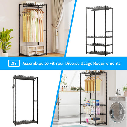 ecobedding Heavy Duty Garment Rack, 900LBS Max Load Freestanding Closet Organizer with 6 Storage Shelves & 3 Adjustable Hanging Rods, Multifunctional (Black, 15.75" D x (69.7~88.2)" W x 79.5" H)