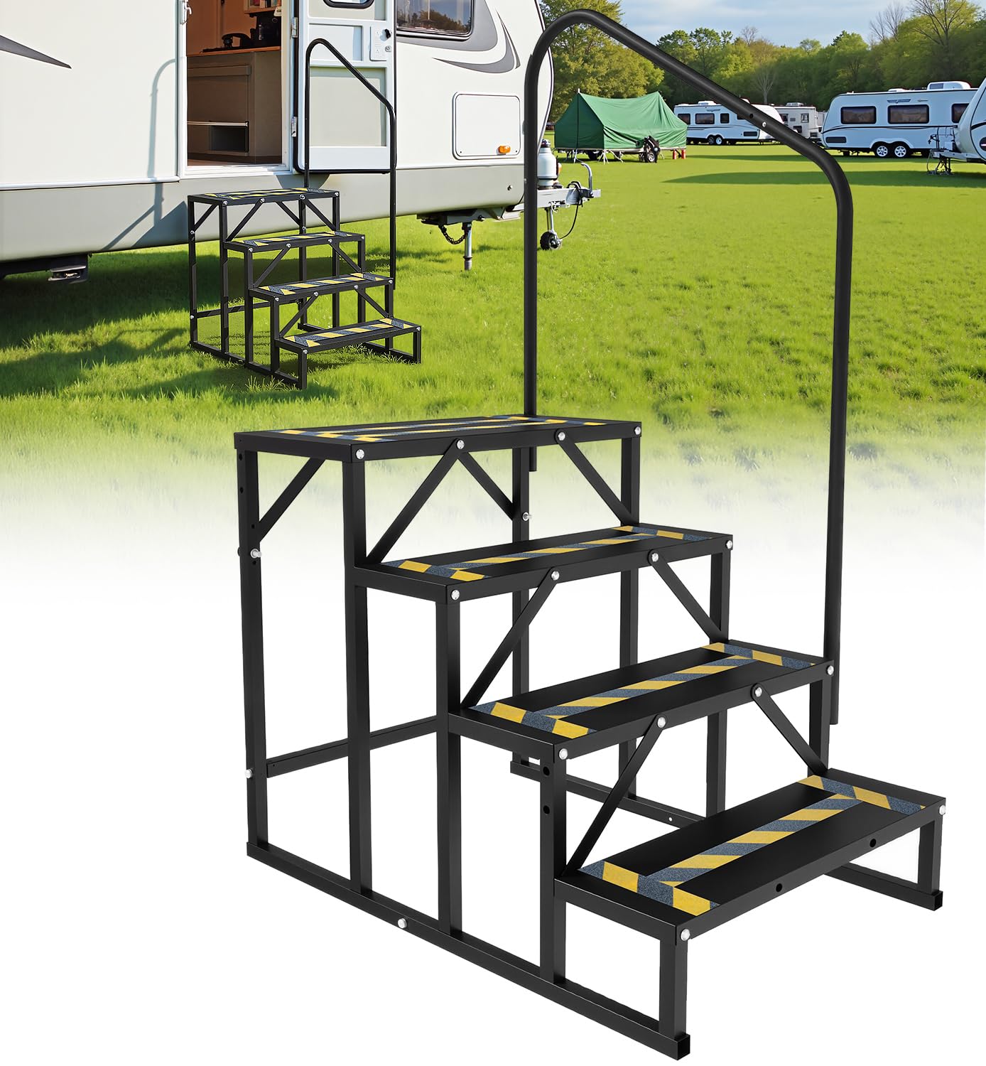 Altyostar RV Steps with Handrail Heavy-Duty 4-Step Camper Entry Step Stairs for 5th Wheel RVs Outdoor Camping Travel Trailers Motorhome Mobile Home Porch Hot Tub Spa Portable Step