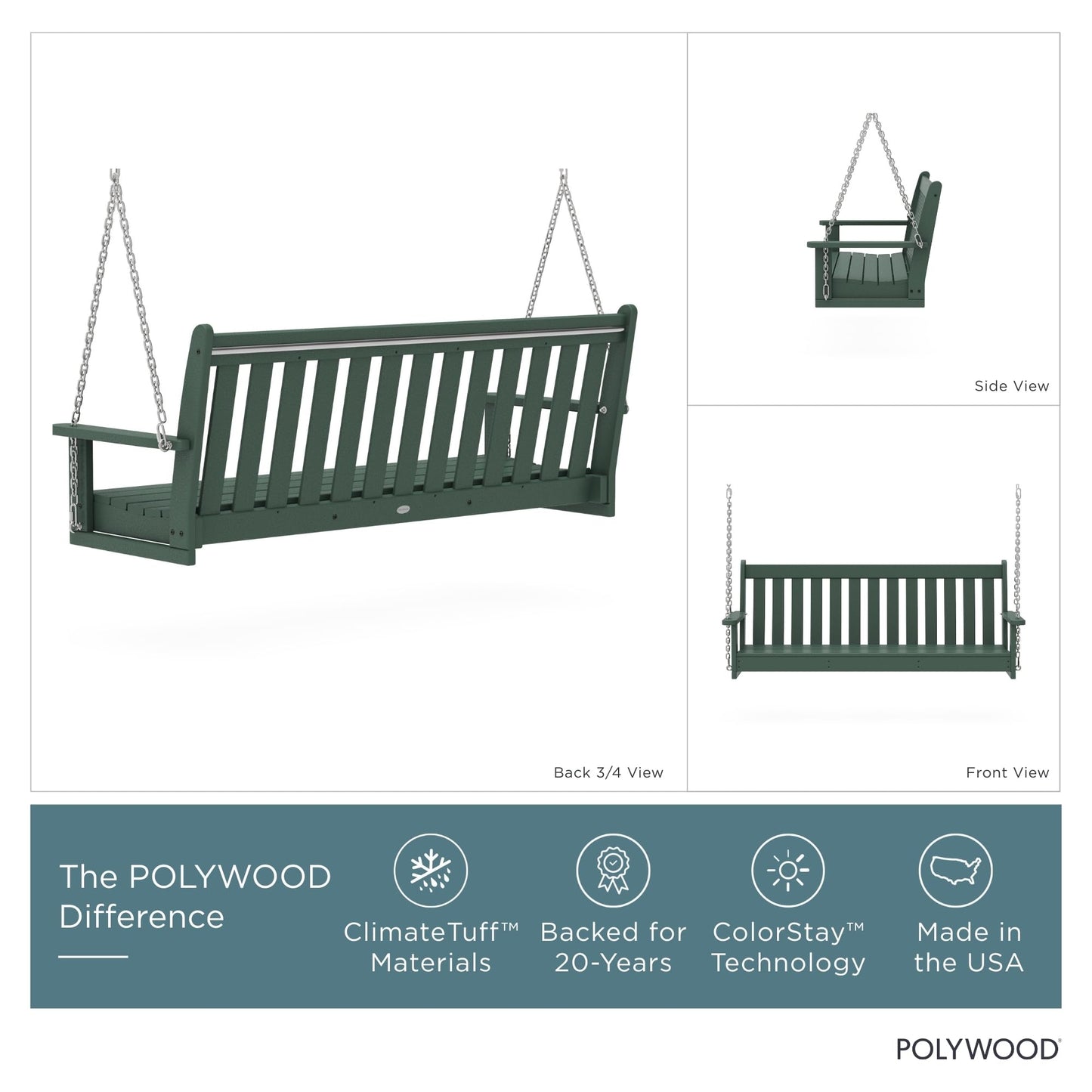 POLYWOOD Vineyard 5-Foot Porch Swing, Heavy Duty HDPE Outdoor Hanging Bench, Patio Swing for Adults Kids, Deck Garden Furniture, Green