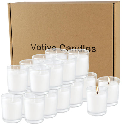 20 Pack White Unscented Glass Cup Candles - 15-20 Hour Burn Time, Soy Wax, Minimalist Style for Home Decor, Weddings, Parties & Special Occasions.